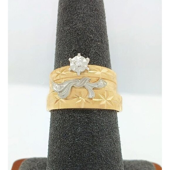 Genuine Diamond Trio-Wedding Set Rings 14k Gold - Picture 6 of 11